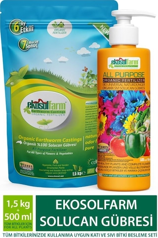 EkosolFarm Solucan Gübresi 1,5 Kg + Ekosolfarm Sıvı Solucan Gübresi 500 Ml