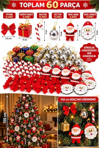 60 Lı Karışık Yılbaşı Ağacı Süs Seti Top, Fiyonk, Noel Baba, Baston Ve Hediye Kutusu Diğer