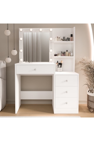 Robin Home Hollywood Makyaj Masası 4 Çekmeceli Düzenleyici Hollywood Led Işıklı Raflı Beyaz