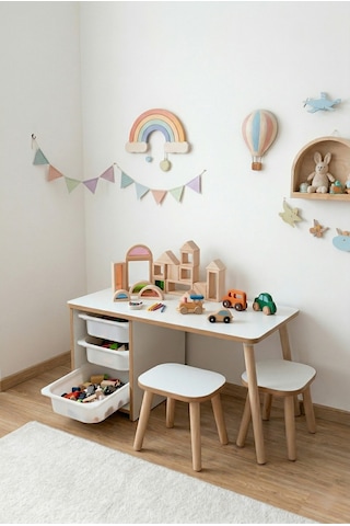 Çocuk Masa Sandalye Takımı 90x45 Cm 3 Sepetli Çocuk Çalışma Ve Aktivite Masası Yaz-sil,2 Tabureli Beyaz