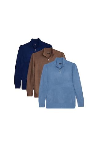 Erkek 3'lü Paket İndigo-vizon-lacivert Slim Fit Dar Kesim Fermuarlı Dik Yaka Triko Kazak-41809 Çok Renkli