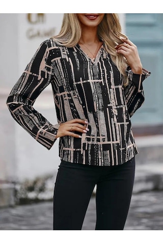 Kadın Uzun Kollu V Yakalı Desenli Dalgıç Bluz Siyah