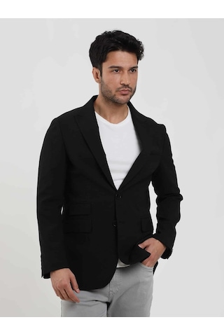 Dufy Siyah Erkek Slim Fit Çizgili Sivri Yaka Ceket - 104443-siyah Siyah