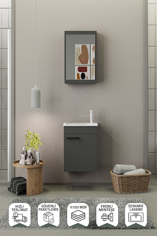 Biani Fix Loft Mini 42 Cm Banyo Dolabı,Seramik Lavabolu, Aynalı,Lavabo Dahil,Mdf,Mat Gri