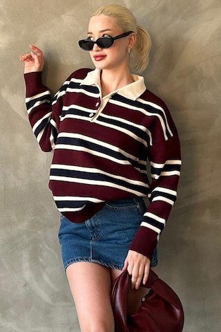 Madmext Bordo Çizgili Düğmeli Polo Yaka Kadın Triko Kazak Mg2280 Bordo