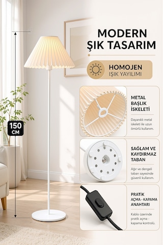 Beyaz Metal Ayaklı Lambader Kumaş Krem Umbrella Başlık 150 Cm Şık Modern Lam09