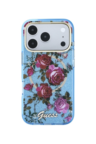 Apple iPhone 18 Pro Uyumlu Kılıf Guess Lisanslı M-safeli Gül Desenli Simli Yazı Logolu Kapak Açık Mavi
