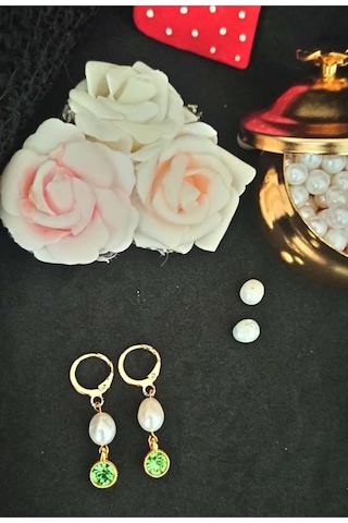 24k Altın Kaplama Gerçek İnci Zirkon Taşlı Yeşil Tasarım Küpe Yeş Gold