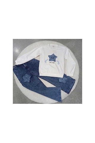 Bubiee Baby Kız Çocuk Denim Takım Yıldız Detaylı Sweatshirt Ve Kot Pantolon Mavi