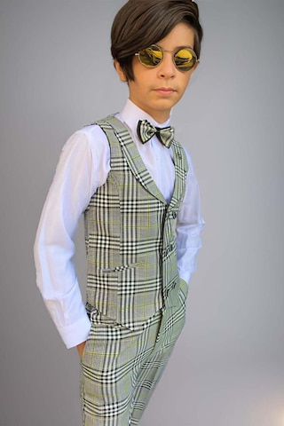 Riccotarz Erkek Çocuk Kare Desen Ve Şal Yaka Yelekli Yeşil Takım Elbise Yeşil