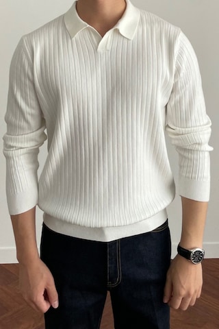 Cool Tarz Erkek Polo Yaka Triko Kazak Slim Fit Fitilli Beyaz