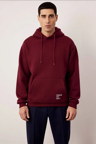 Benerly Erkek Kapüşonlu Düşük Kol Uzun Kollu Oversize Kalıp Sweatshirt Fo Bordo
