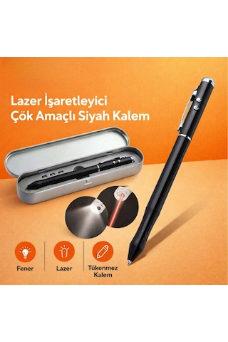 Metal Kutulu Kırmızı Lazerli, Beyaz Led Işıklı Pointer İşaretçi Kalemi Metal Tükenmez Kalem Siyah
