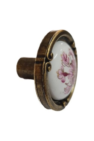 Porselen Düğme Kulp Metal Antiksarı Beyaz Motifli 02 / 5 Adet Sarı