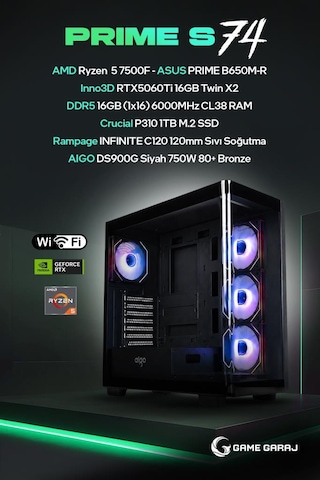 Game Garaj Prime S74 R5-7500F 16 GB 1 TB SSD 16 GB RTX5060Ti Dos Masaüstü Oyuncu Oem Paket Bilgisayarı