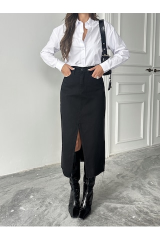 Kadın Ucu Kesik Ön Yırtmaç Kot Etek Si Yah