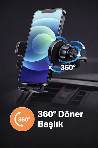 Araç İçi Telefon Tutucu Havalandırma Klipsli 360 Döner Ayarlanabilir Telefon Tutacağı Siyah