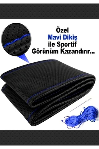 Vw Polo 2018 Uyumlu Dikmeli Direksiyon Kılıfı Noktalı Mavi İpli 38cm 10.5cm