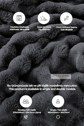 Evlen Home Kürk Yatak Örtüsü Çift Kişilik Dolgulu Peluş Yumuşak Çift Taraflı Yorgan 3 Parça Loria Antrasit Füme Antrasit