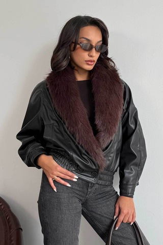 Verymoda Yakası Kürklü Kruvaze Deri Mont F2050 Siyah