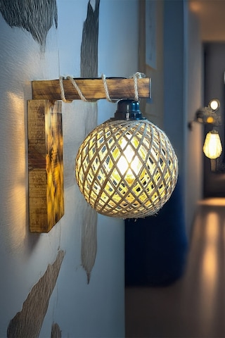 Rustik Ahşap Duvar Apliği Doğal Halat Detaylı, El Yapımı Avize, Dekoratif Yatak Odası Lambası Ahşap