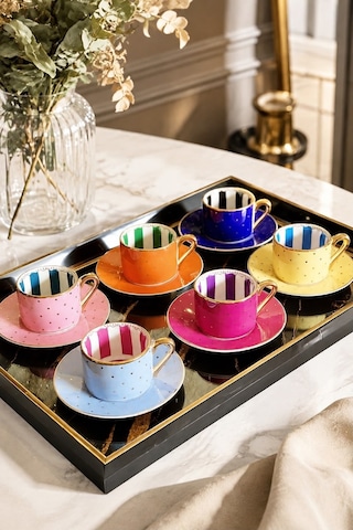 6 Kişilik Porselen Renkli Puantiye Kahve Fincanı 90 Ml-7504 Çok Renkli