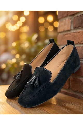 Futsishoes Mılet Siyah Süet Hakiki Deri Püsküllü Loafer Kadın Babet