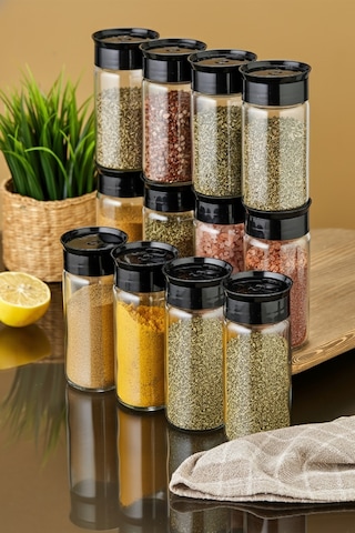 12'li Cam Baharatlık Seti - Siyah Siyah