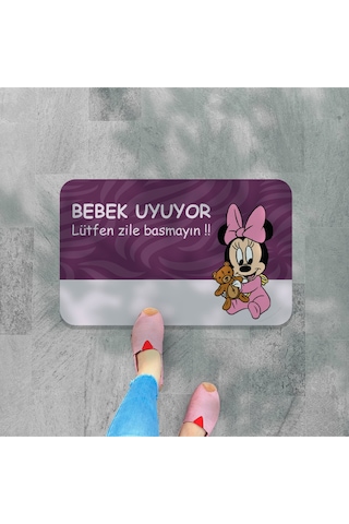 Bebek Uyuyor Yazılı Dekoratif Dış Kapı Önü Ve Iç Mekan Paspası Yıkanabilir Mor