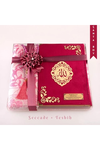 Seccade + Tesbih + Kuran Hediye Seti Çanta Boy, Kadife, Fuşya Pembe, Lafzatullah