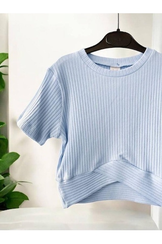 Zekids Kız Çocuk Fitilli Yarım Kol Crop T-shirt-14485 Mavi