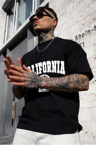 Hırsch Unisex Siyah California Baskılı Oversize T-shirt SIYAH