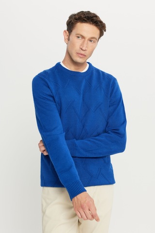AC&Co / Altınyıldız Classics Erkek Saks Mavi Standart Fit Normal Kesim Bisiklet Yaka Jakarlı Yünlü Triko 4A4923100205SKSXL Saks