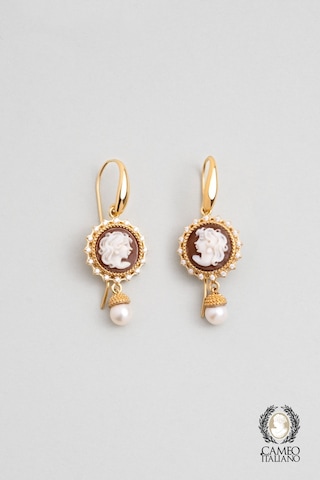 Cameo Italiano 18 Ayar Sarı Altın Kaplama Gümüş İnci Küpe Sarı