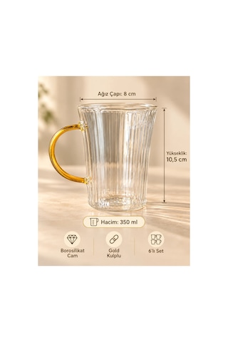 Cambu Line Serisi 6 Lı Borosilikat Cam Kupa Seti 350 Ml Gold Kulplu Çizgili Cam Kupa Çok Renkli