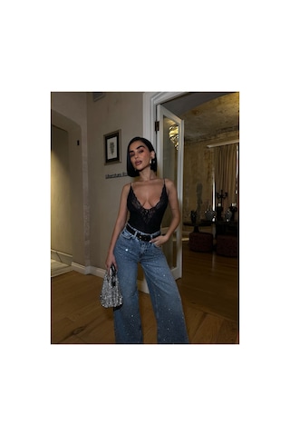 Glammoss L'atelier Yüksek Bel Taşlı Wide Leg Baggy Jean Stonelight Stonelight