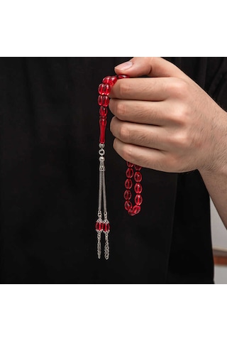 Gümüş Püskül Sıkma Kehribar Tesbih Kırmızı 14508412