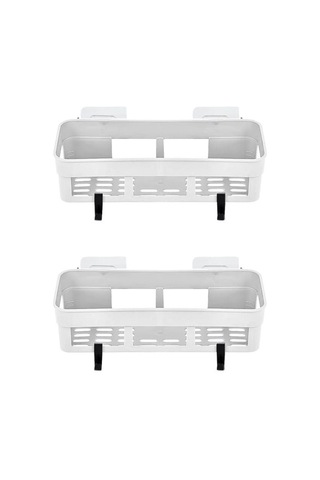 2 Adet Yapışkanlı Plastik Raf, Delme Vida Gerektirmeyen Banyo Duş Şampuan Mutfak Baharat Rafı Beyaz Beyaz