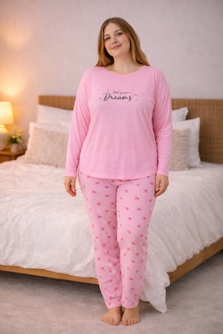 Nisanca Kadın Büyük Beden Uzun Kollu Rahat Pijama Takımı Yumuşak Dokulu Konforlu Ev Giyimi Pembe