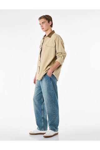 Koton Pamuklu Cepli Oversize Normal Bel Bol Skater Jean Pantolon Orta İndigo 6sam40369nd