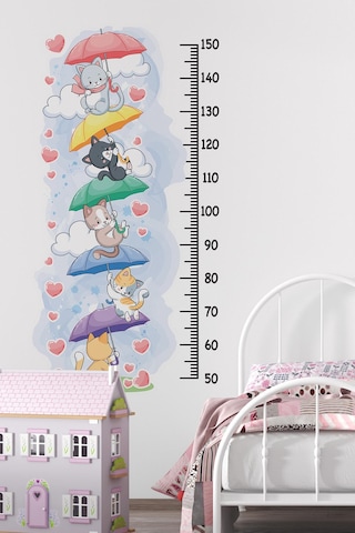 Sevimli Kedilerle Süslü Boy Cetveli Sticker, Çocuk Bebek Odası Boy Ölçer Sticker Dijital Baskı