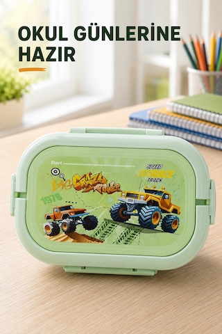 Mint Yeşili Araçlı Çocuk Beslenme Kutusu 6 Bölmeli Kilitli Saplı Okul Piknik Yemek Saklama Kabı Seti