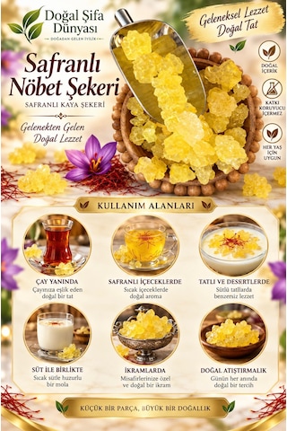 Safranlı Nöbet Şekeri 100 Gr Isıl İşlem Görmemiş Kristal%100 Doğal Nöbet Şekeri Saf Ve Kristal Şeker