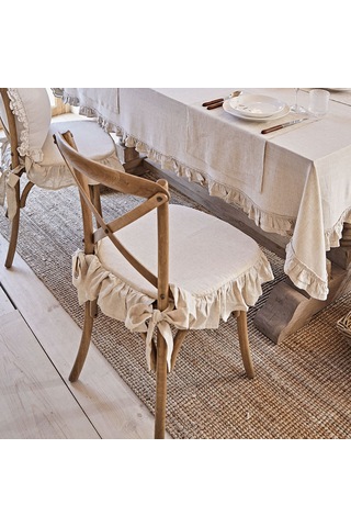 El Yapımı Buldan Yıkanmıs Keten 4 Tarafı Fırfırlı Sandalye Minderi Kılıfı Süngersiz Naturel