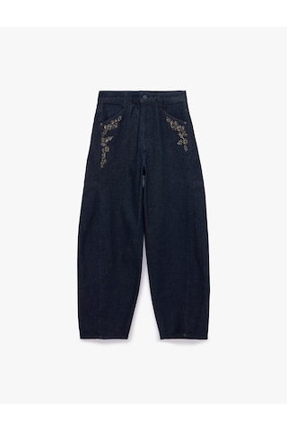 Koton Rahat Kalıp Pamuklu Taş İşlemeli Barrel Denim Pantolon - Barrel Jeans Raw 7wal40224md 63x