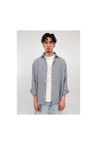Zaee 404 Baskılı Kareli Oversize Gömlek Mavi / Beyaz