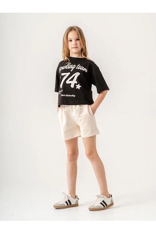 Kız Çocuk Pamuklu 74 Yazılı Şortlu Takım-15886 Siyah