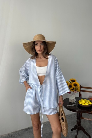 Moderie Butik Çizgili Tunik -şort Takım - Mavi