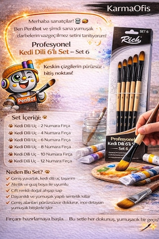 Profesyonel Kedi Dili Fırça Seti 6 Lı Set 6 No 2-4-6-8-10-12 Sentetik Boya Fırçası