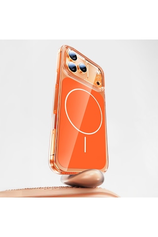Apple Uyumlu iPhone 17 Pro Kılıf Zore M-safe Şarj Özellikli Şeffaf Kamera Kontrol Butonlu Lugano Kapak Turuncu